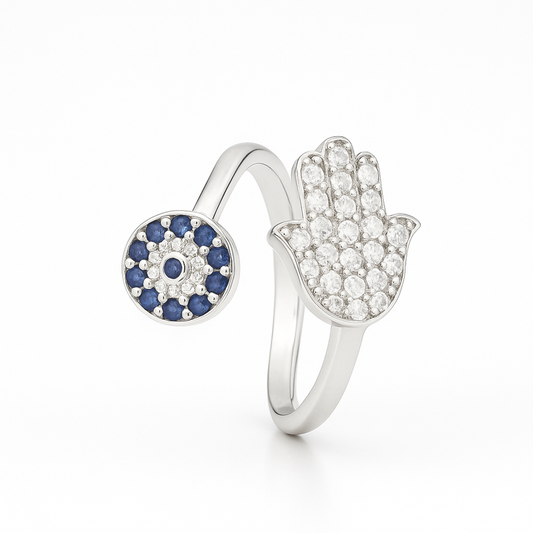 Hamsa Evil Eye 925 Silver Adjustable Ring for Men & Women