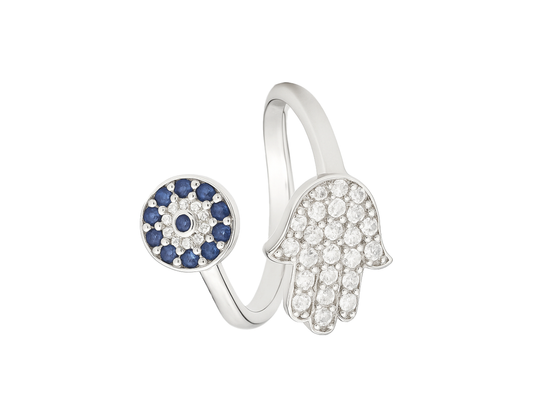 Hamsa Evil Eye 925 Silver Adjustable Ring for Men & Women
