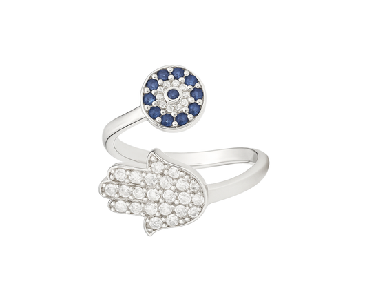 Hamsa Evil Eye 925 Silver Adjustable Ring for Men & Women