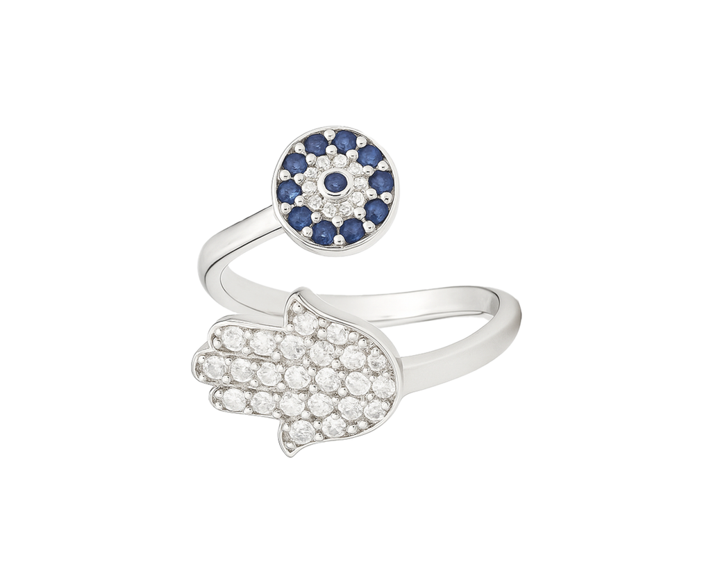 Hamsa Evil Eye 925 Silver Adjustable Ring for Men & Women