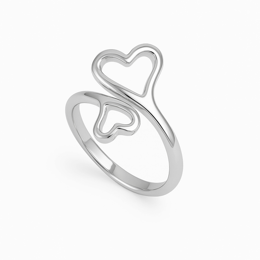 Double Heart 925 Silver Adjustable Ring for Women & Girls