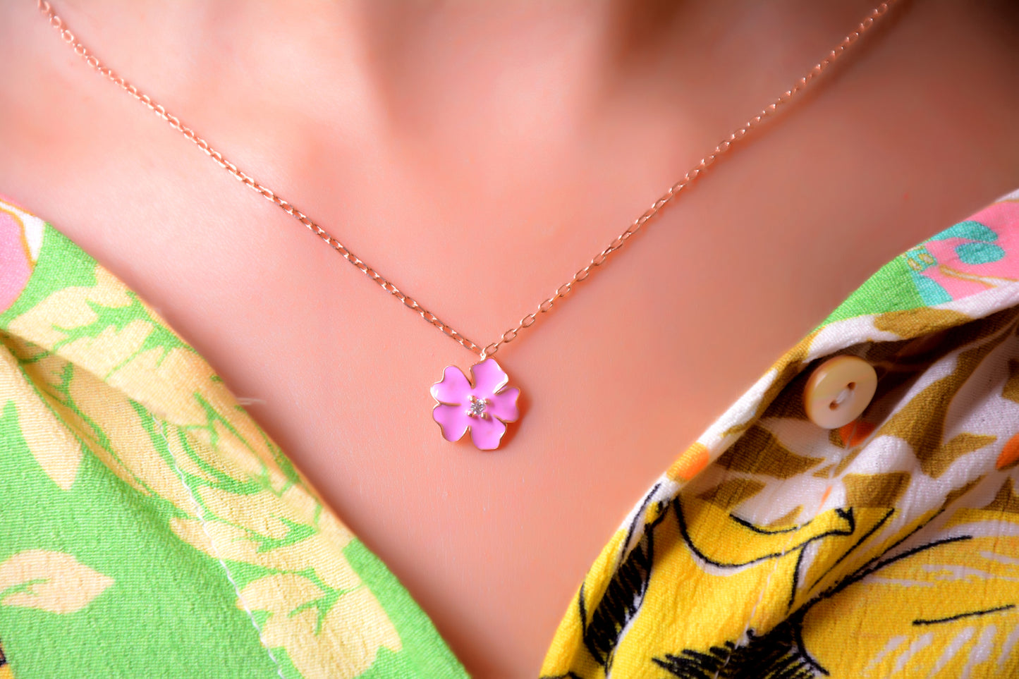 Pink Flower Pendant Necklace in Sterling Silver