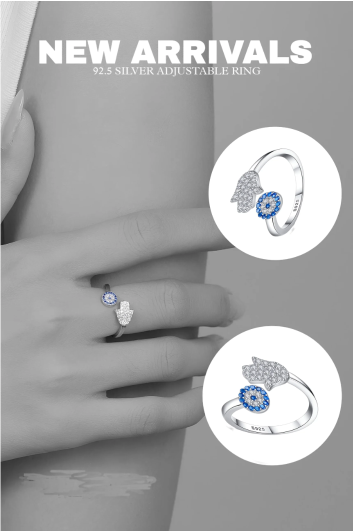 Hamsa Evil Eye 925 Silver Adjustable Ring for Men & Women